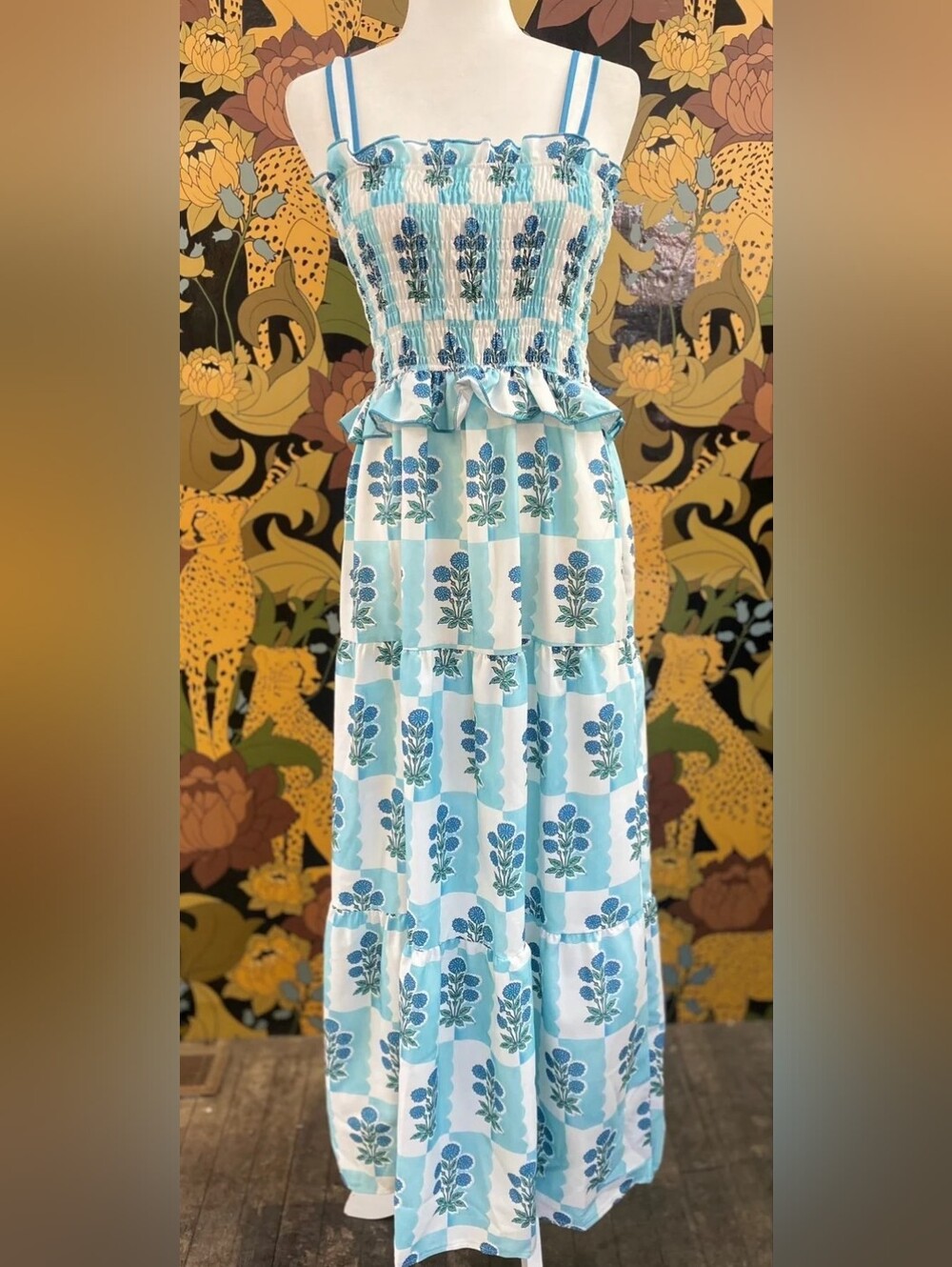 Viral Amazon Blue Floral Smocked Maxi Dress 6-8 Coastal Granddaughter